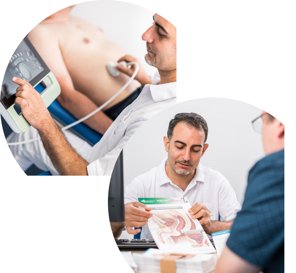 M.D.(SYR) Shady Haj Omar führt Ultraschalluntersuchung durch; M.D.(SYR) Shady Haj Omar spricht mit Patient