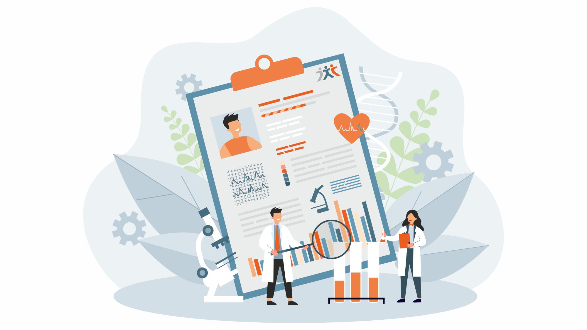 Clipart Patientendaten auf Klemmbrett unter einer Lupe